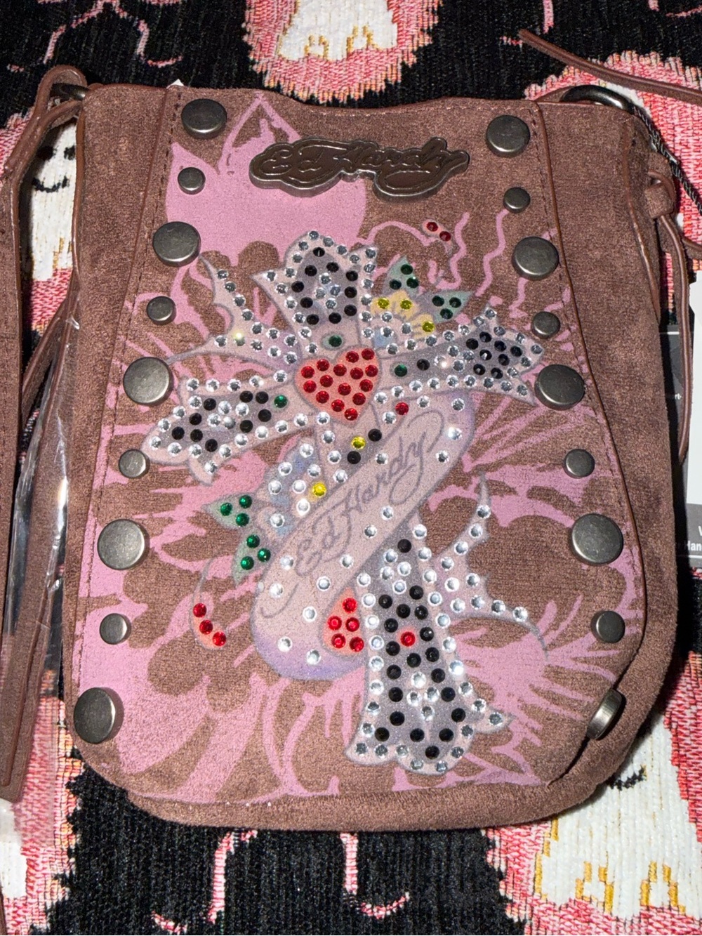 🌻NEW🌻Ed Hardy Pink and Brown Studded Crossbody with Rhinestone Skull Motif